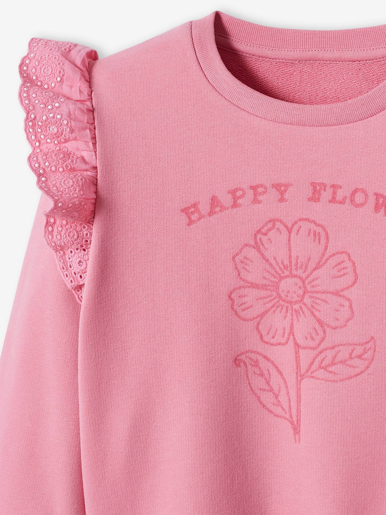 Sweat motif fleur flocké fille volants en broderie anglaise rose bonbon