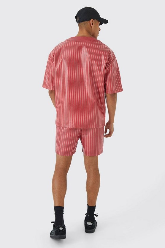 Kurzärmliges Oversize PU Baseball-Hemd & Shorts
