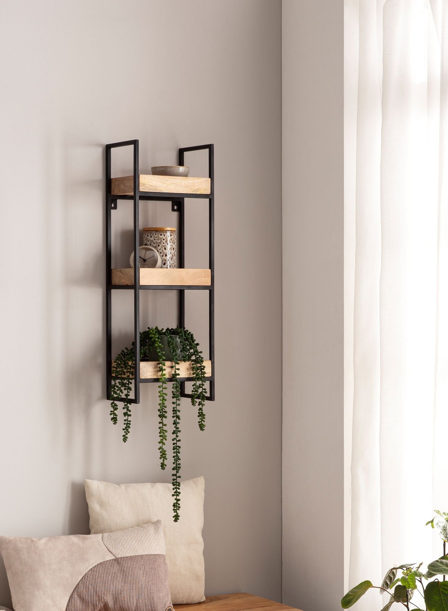 FINEBUY Wandregal FB95559, 27x77x18 cm Mango Massivholz Metall Hängeregal, Schweberegal Rechteckig, Regal Hängend Industrial