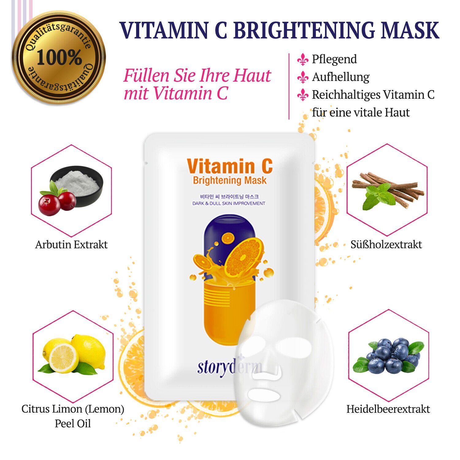 Storyderm Gesichtsmaske NEUHEIT aus Korea Premium Gesichtsmaske Storyderm Pflege Tuchmaske Vitamin C, 1-tlg.