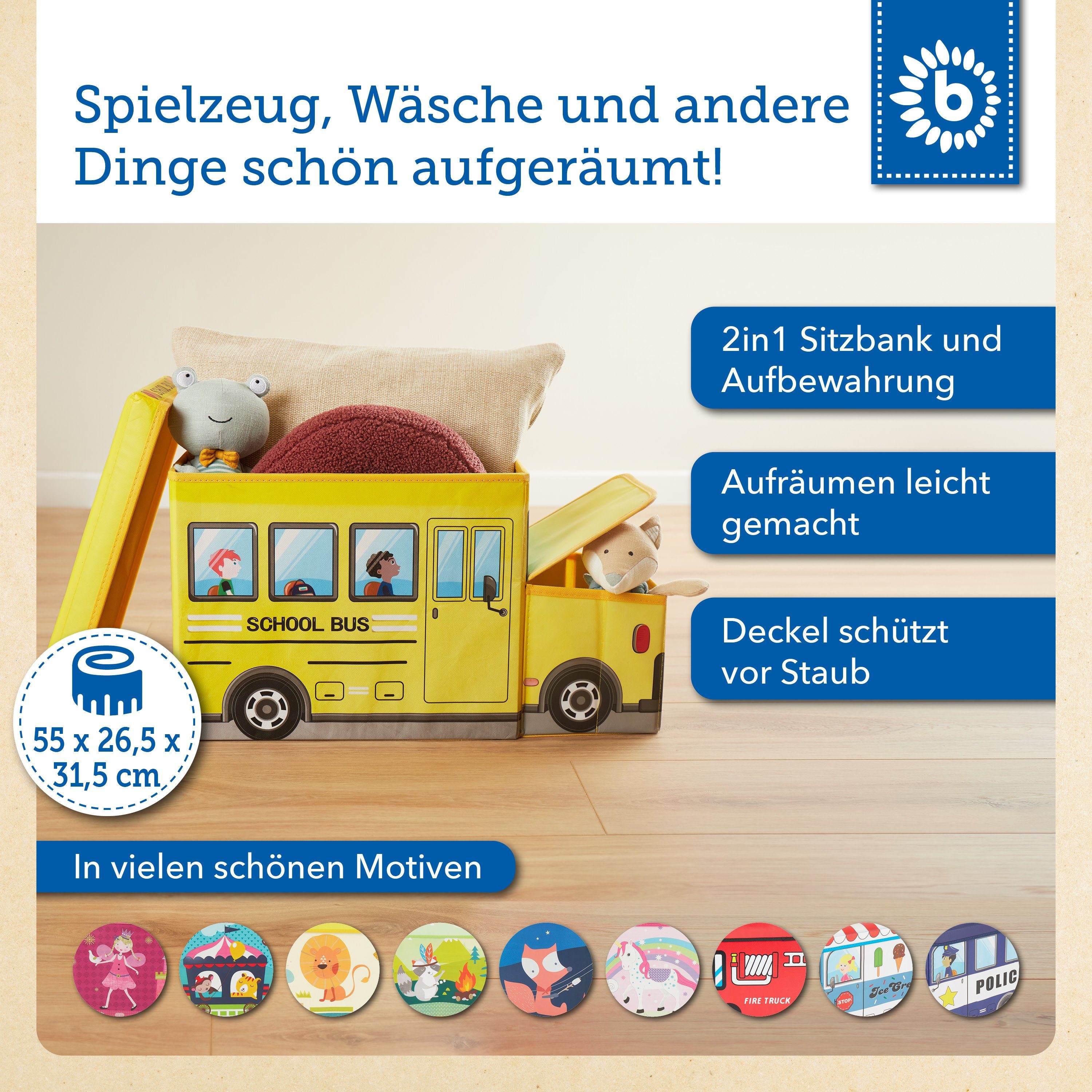 BIECO Spielzeugtruhe Bieco Aufbewahrungsbox mit Deckel Kinder Schulbus, faltbar, Sitzhocker mit Sitzgelegenheit, und Polsterung, Spielzeugkiste mit Stauraum, Sitztruhe, Jungen & Mädchen, 46 L, Belastbar bis 80 Kg, gelb