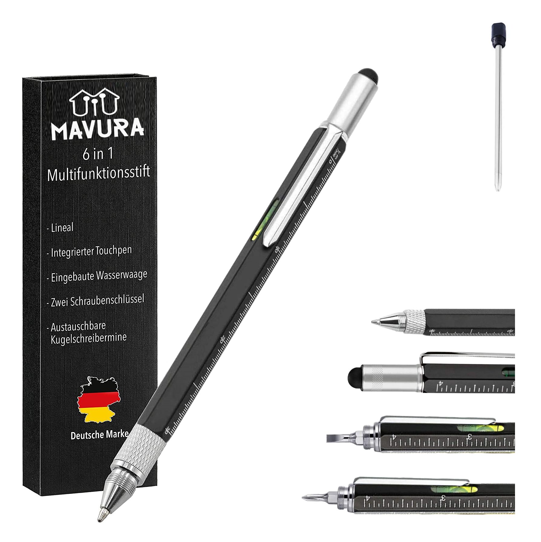 MAVURA Kugelschreiber 6in1 Multifunktionskugelschreiber Multifunktionsstift Stift mit Wasserwaage Lineal Kreuzschraubendreher Schlitzschraubendreher Geschenk Männer Gadget