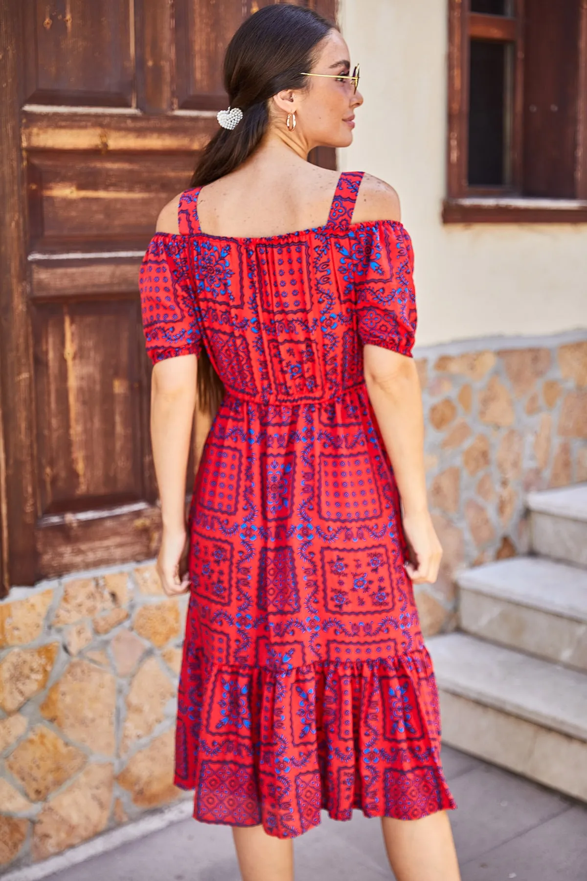 armonika  Korallenrot kariertes, floral gemustertes Trägerkleid mit elastischer Taille für Damen