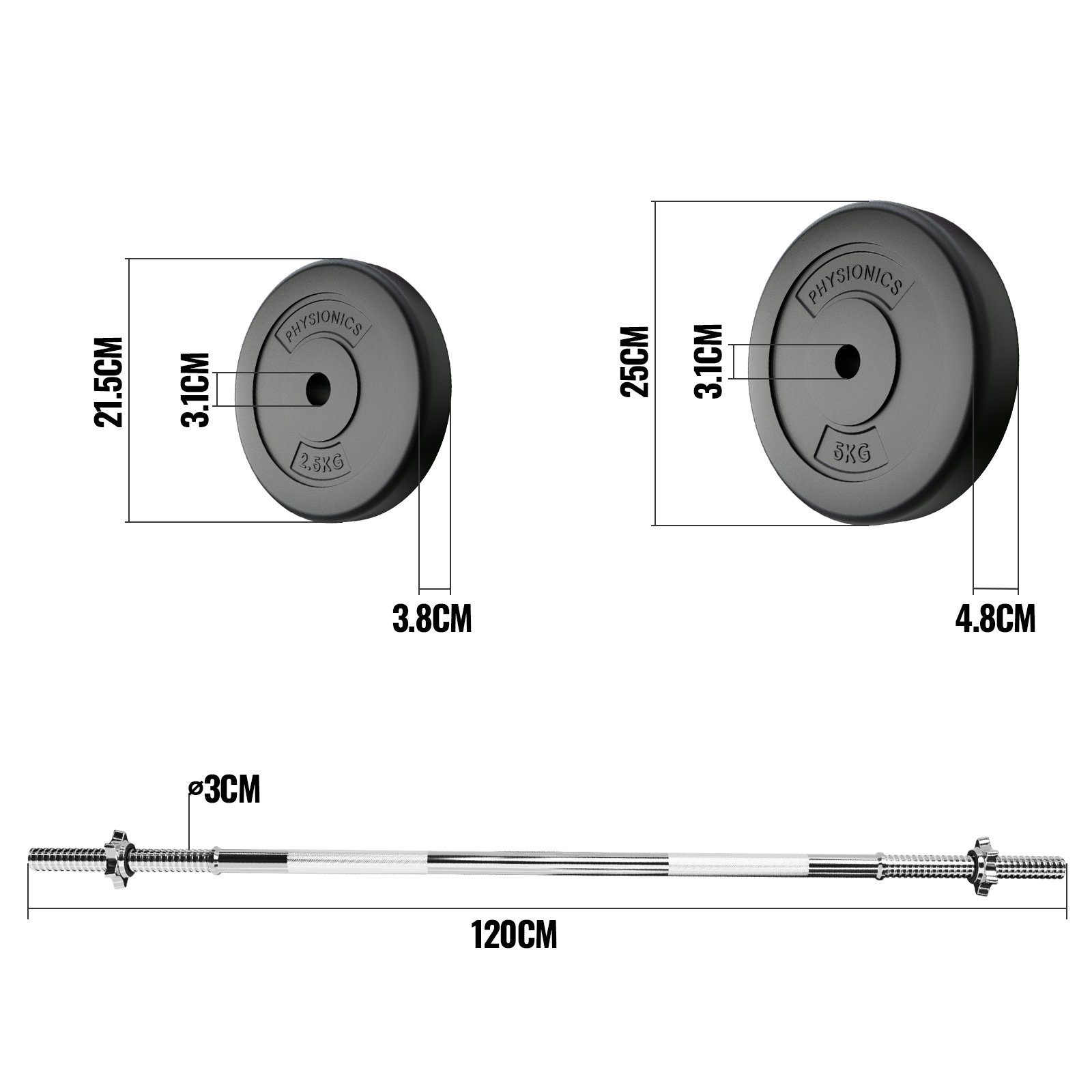 Physionics Langhantelstange Langhantel Set - Langhantel 120/165/180 cm, aus Stahl