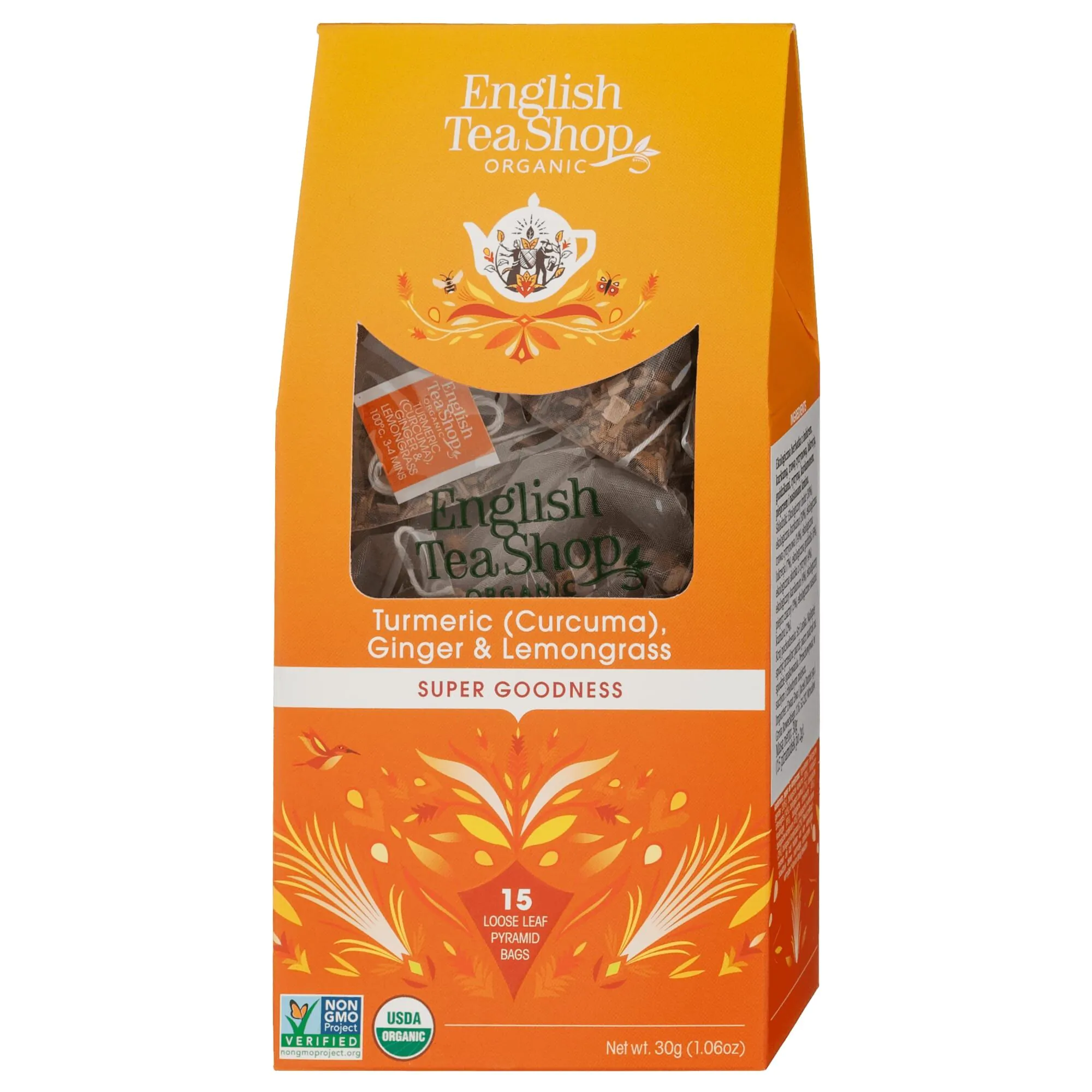 „English Tea Shop“ ciberžolės, imbiero ir citrinžolės ekologiška birių lapelių arbata, 15 piramidės formos arbatos pakelių