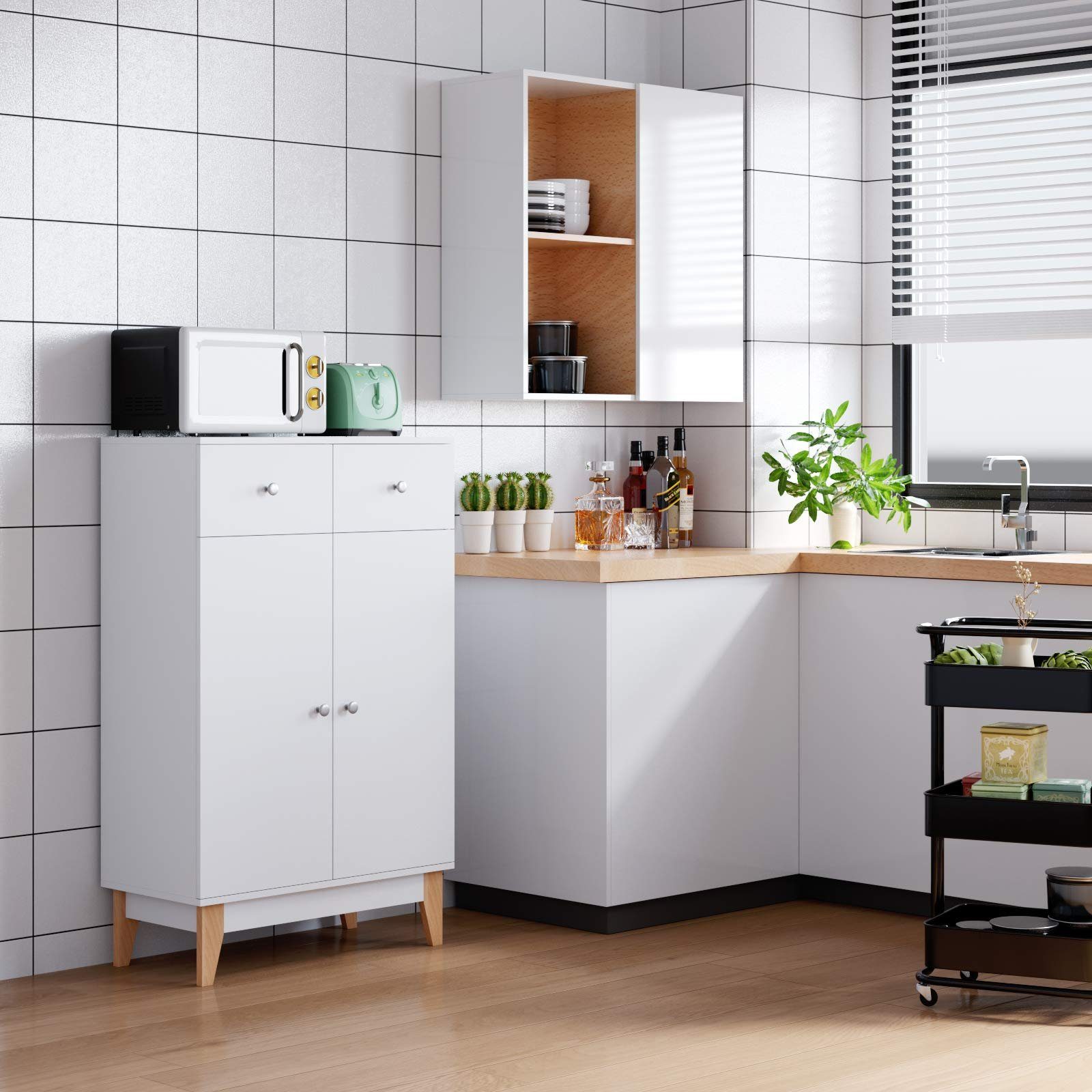 Homfa Kommode, Sideboard, Küchenschrank, mit 2 Türen und 2 Schubladen, weiß