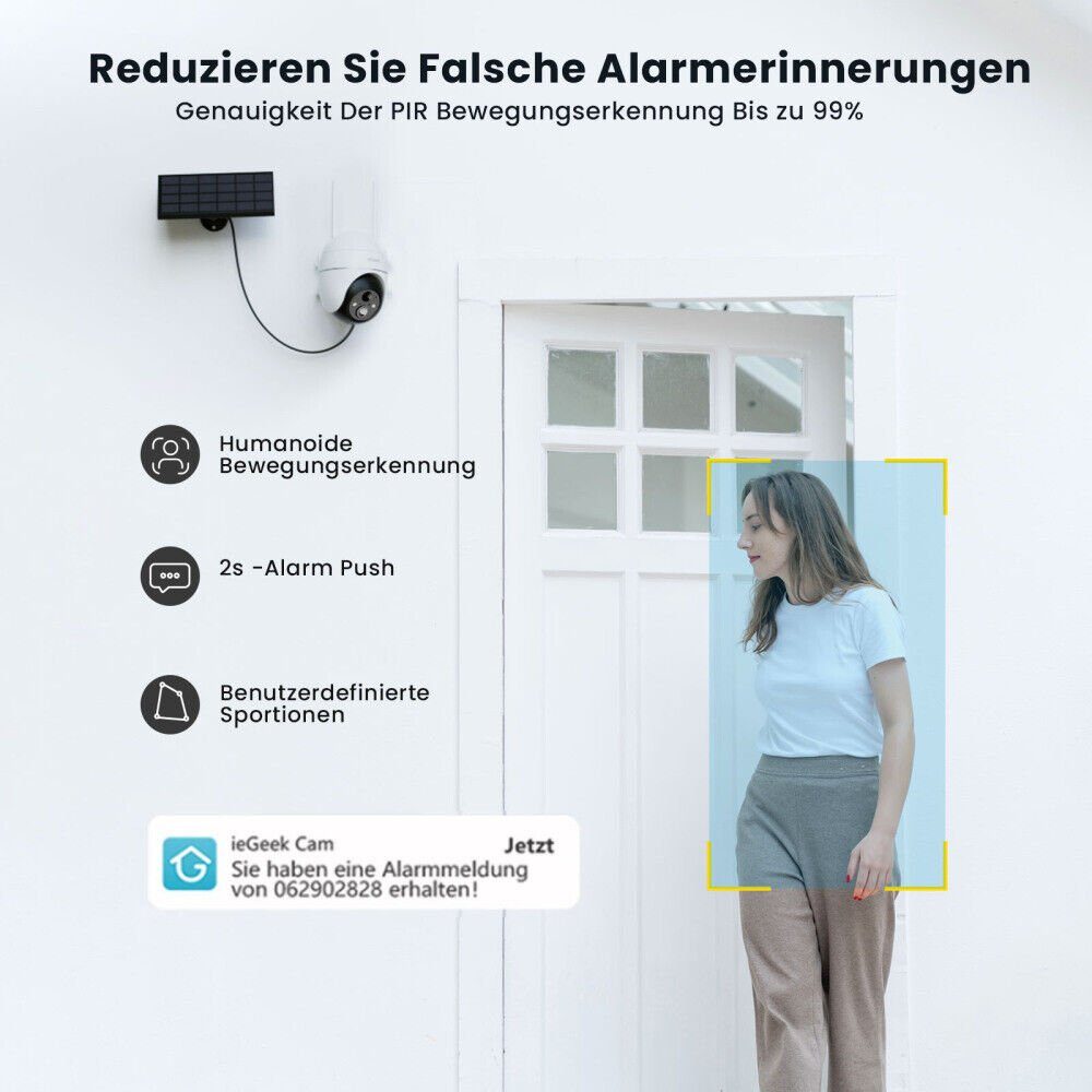 ieGeek 5MP 2K Überwachungskamera Aussen Akku, PTZ WLAN mit 32GB SD Karte Überwachungskamera (Außen, Aussen, Außenbereic, Innenbereich, 2.4GHZ WiFi WLAN mit Solarpanel,4DBi WLAN-Antenne,Alexa Kamera, PIR-Bewegungsmelder, 30M Farbige Nachtsicht, Zwei-W