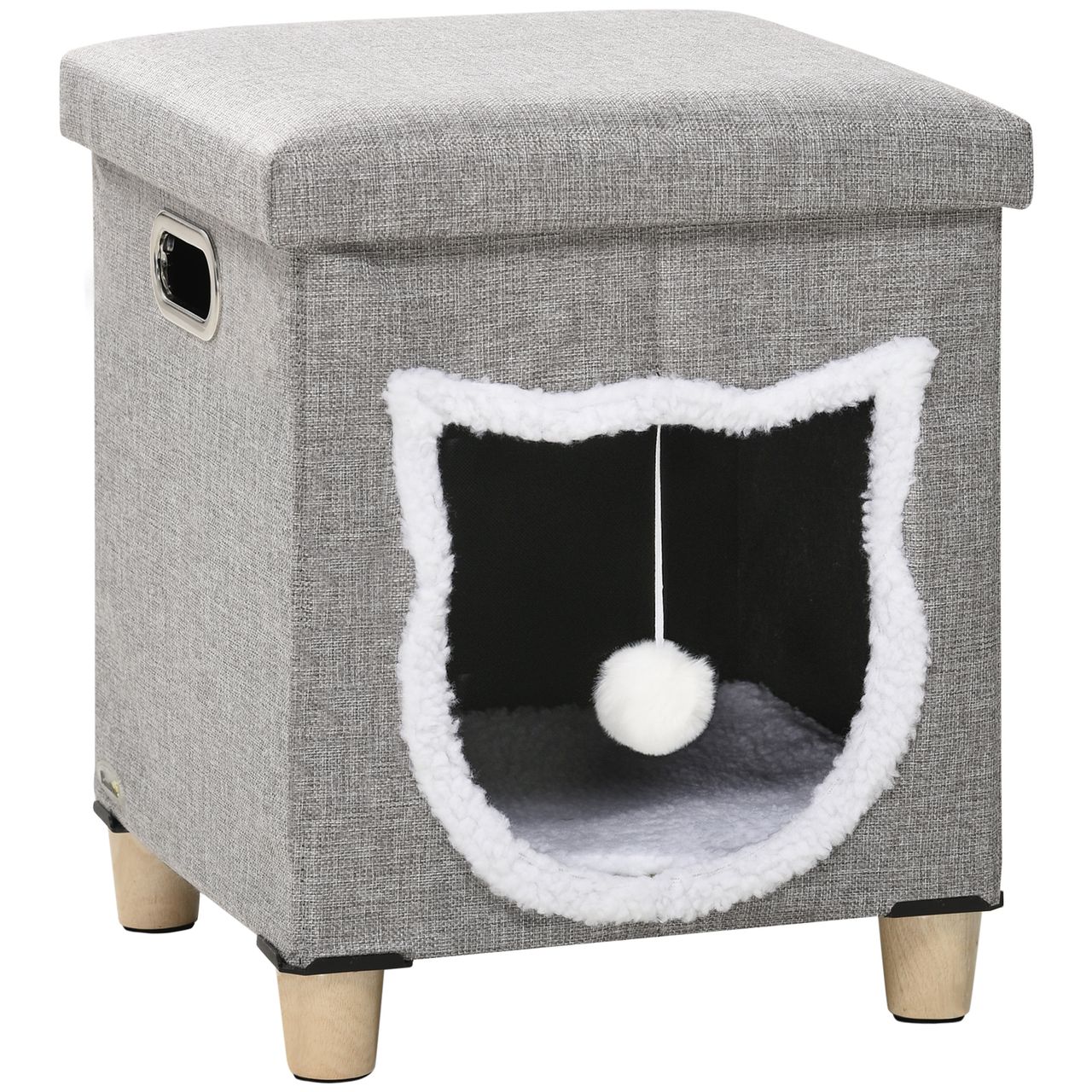 PawHut Katzenhöhle, Katzenhaus mit Kissen Ottomane mit Spielball Polyester, Grau