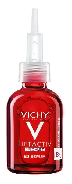 „Vichy Liftactiv Specialist B3“ serumas odos dėmėms ir raukšlėms mažinti su 5 % niacinamido.