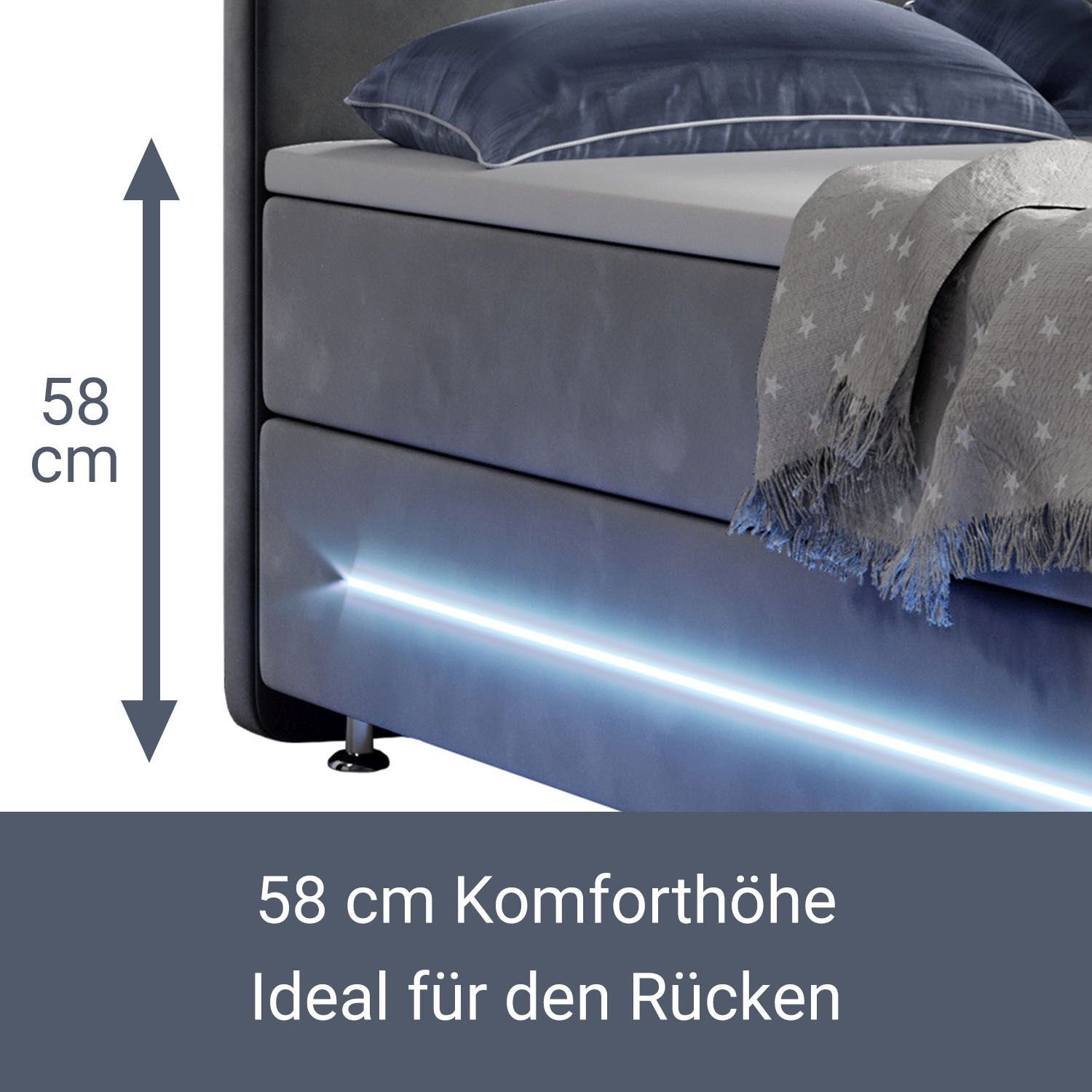Juskys Boxspringbett Houston, 120x200 cm, Bonell-Federkernmatratzen, Topper, LED-Beleuchtung