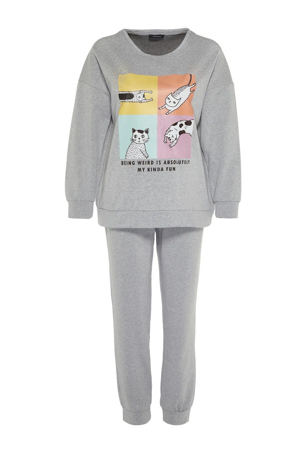 Trendyol Collection  Graues, bedrucktes Strick-Pyjama-Set aus Baumwolle THMAW22PT0744
