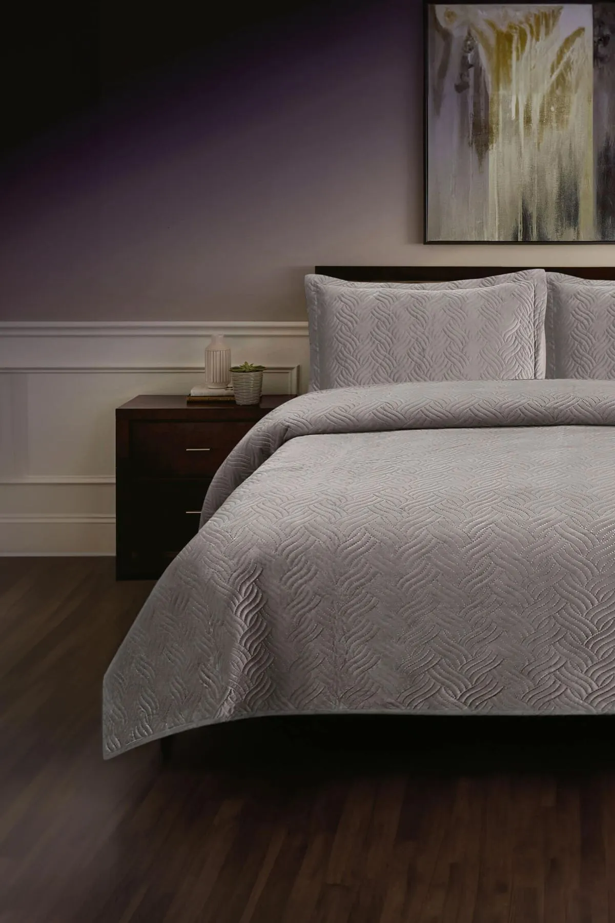 FAVORA  Silva Samt-Tagesdecken-Set für Einzelbett – Grau