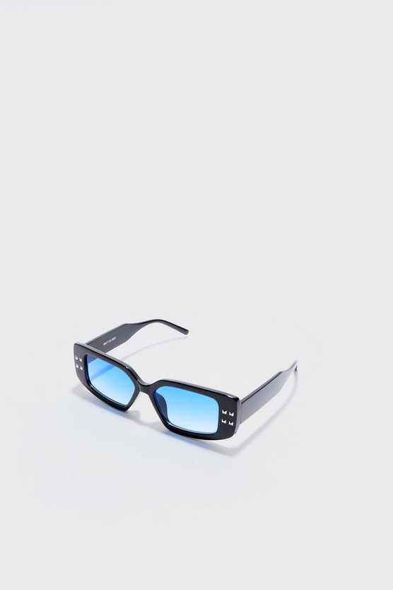 Klobige eckige Sonnenbrille in schwarz mit blauen Gläsern