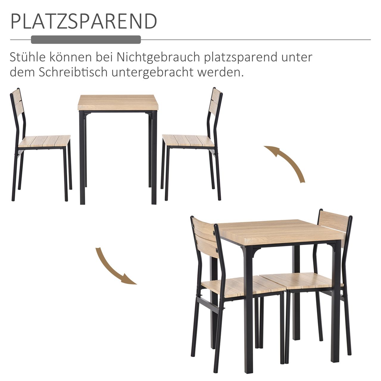 HOMCOM 3-teilige Essgruppe Küchentisch mit Metallgestell Esszimmergruppe Sitzgruppe Esstisch Set Holztisch Naturholzmaserung   Schwarz mit 1 Tisch   2 Stühlen