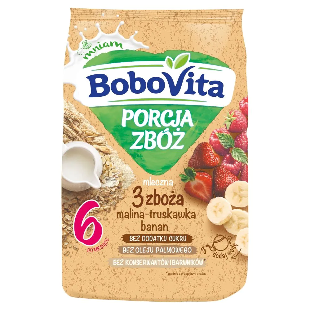 Bobovita košės pieno dribsniai (3 porcijos), aviečių, braškių ir bananų skonio