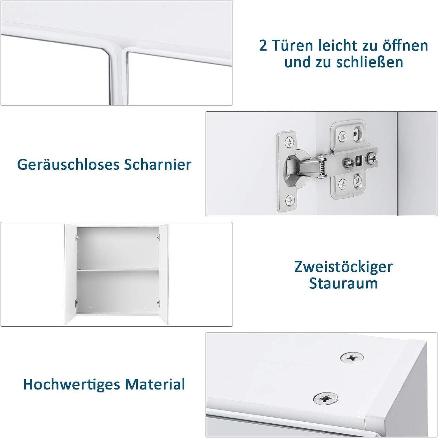 KOMFOTTEU Badezimmerspiegelschrank Spiegelschrank mit 2 Türen, 62 x 11,3 x 65 cm