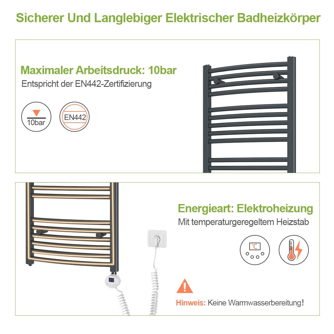 S'AFIELINA Elektrischer Badheizkörper Elektrisch Handtuchwärmer Heizkörper Seitenanschluss -Anthrazit, inkl. Heizstab mit Thermostat,Elektrisch betrieben