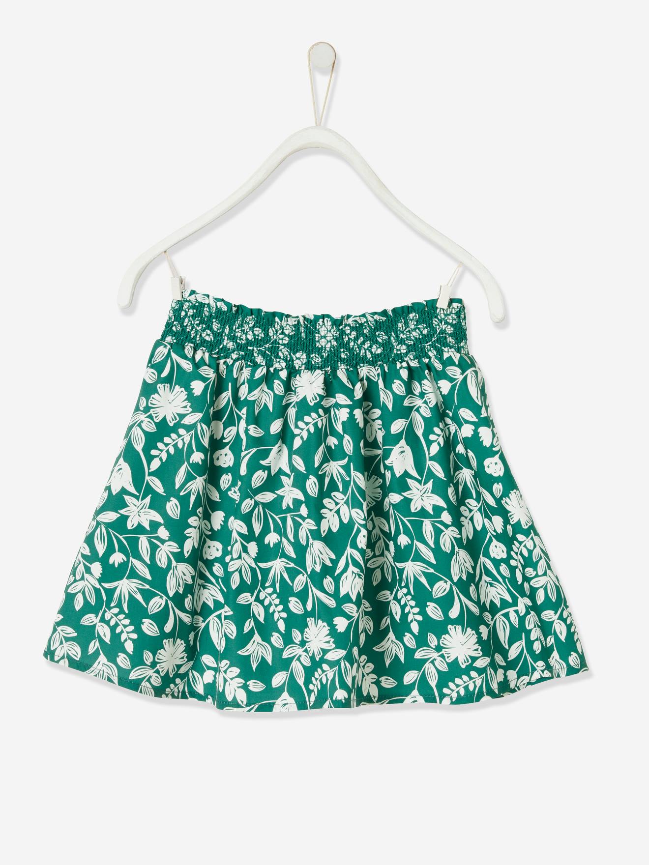 Jupe tournante fille taille smockée vert imprimé