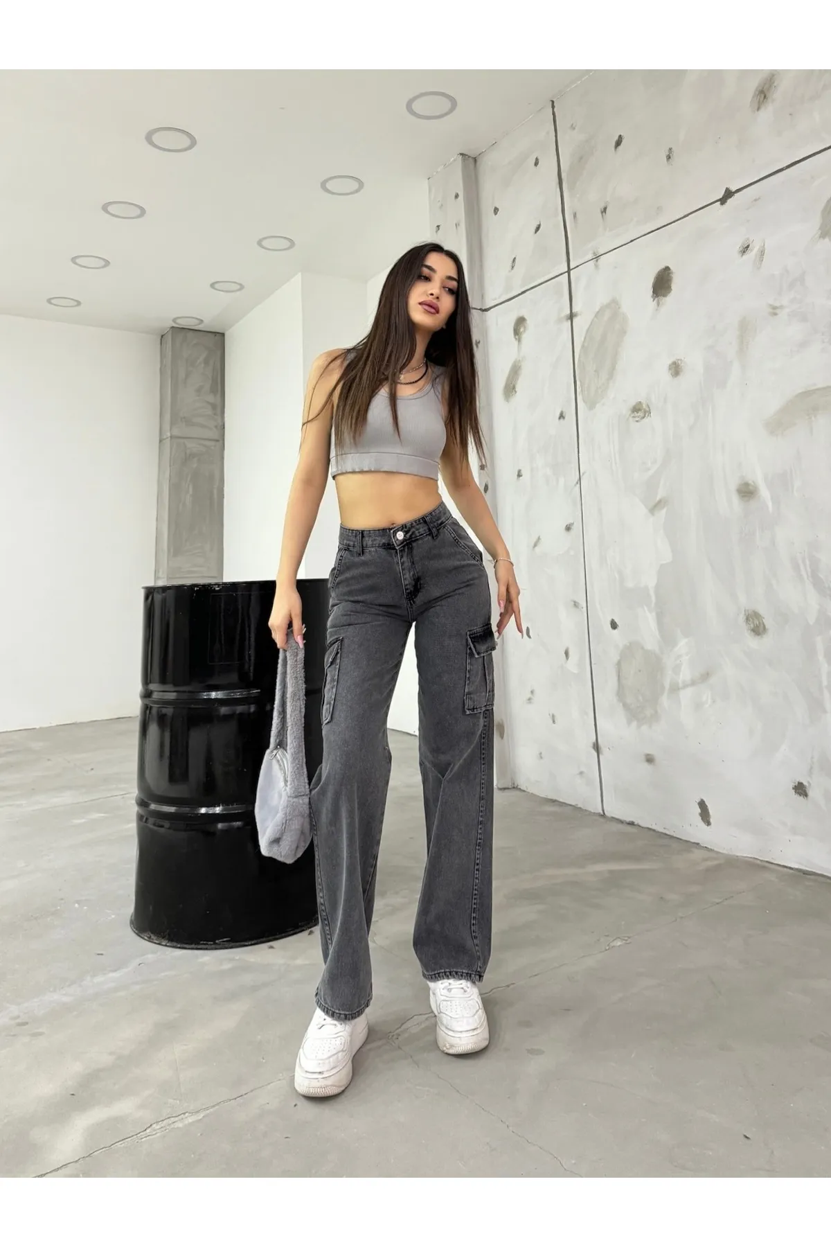 BİKELİFE  Geräucherte Damen-Cargohose mit hoher Taille und weitem Bein