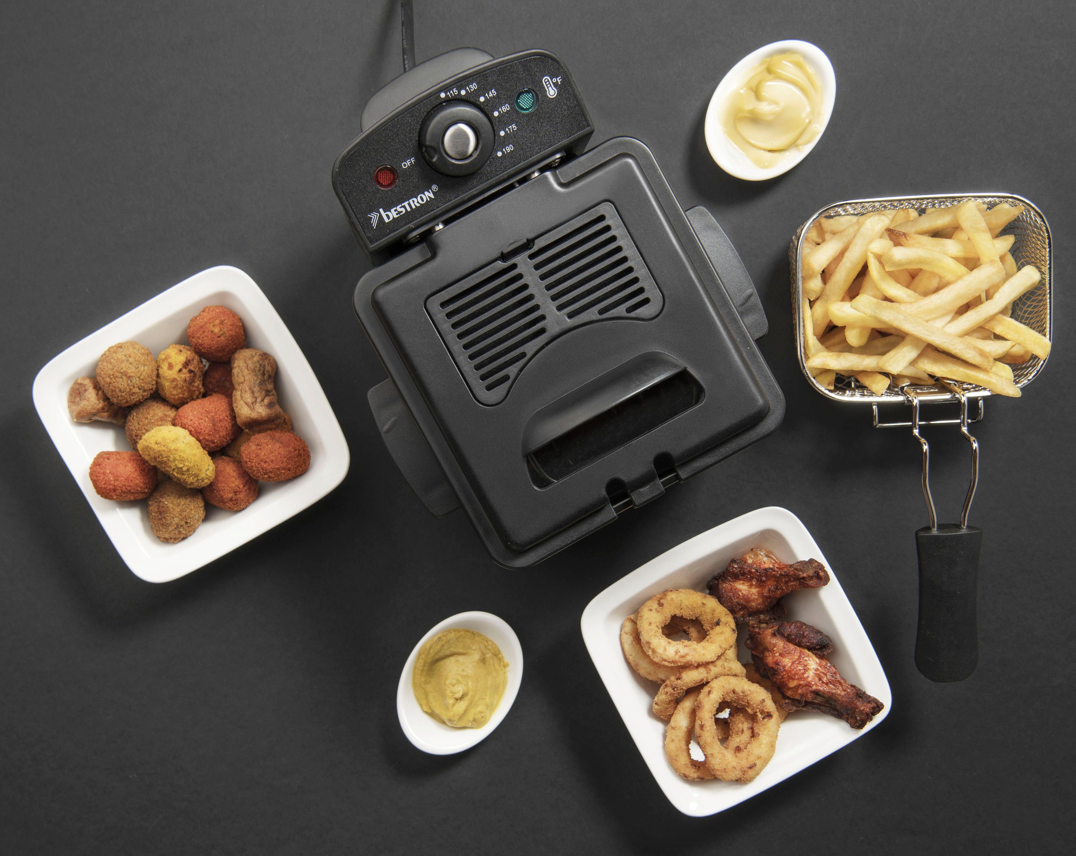 bestron Fritteuse AF100CO, kleine Fritteuse mit Edelstahl-Korb für eine Portion, 1000 W, Kaltzonentechnologie, Temperaturkontrolle bis 190°C, Ölfilter