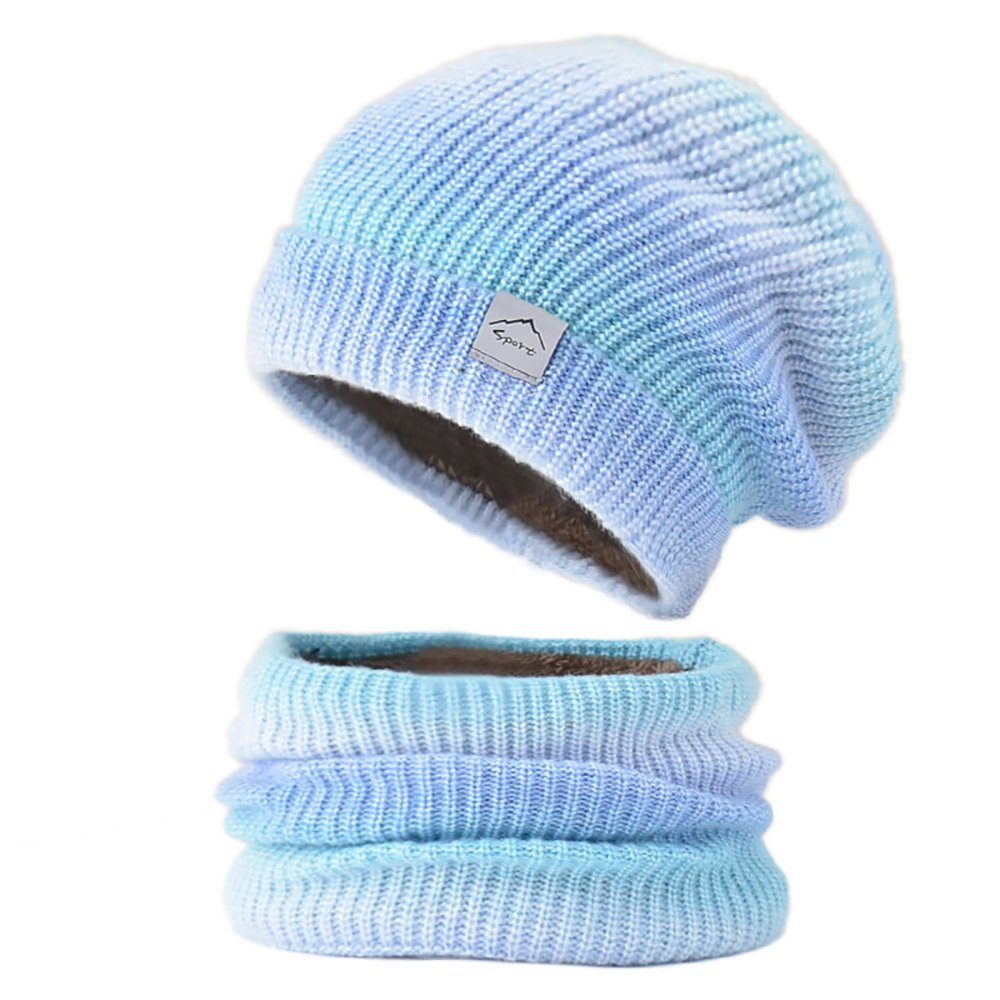 Strickmütze Damen Wollmütze verdickt warme Ohrenschützer kalt gestrickt Mütze (Zweiteiliges Set, bestehend aus Mütze und Schal) Verdickte warme Wollmütze mit Farbverlauf