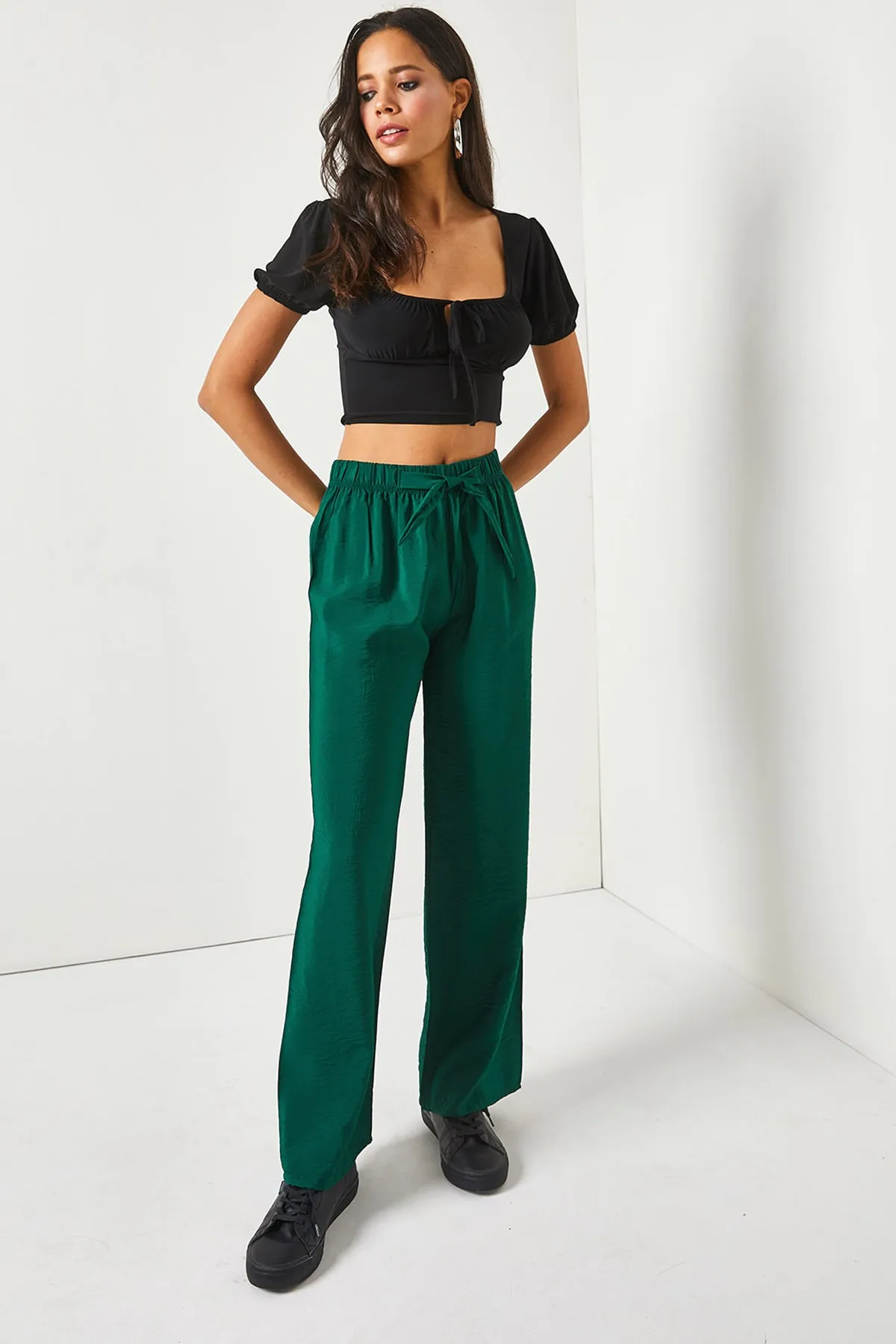 Olalook  Smaragdgrüne Palazzo-Ayrobin-Hose mit Gürtel und elastischem Bund für Damen PNT-19000200
