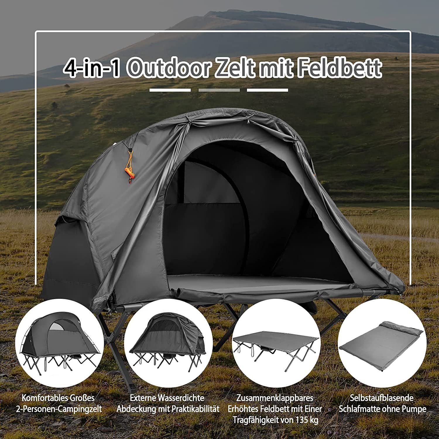 KOMFOTTEU Kuppelzelt 4 in 1 Campingzelt mit Feldbett, Personen: 2, 194×146×160 cm