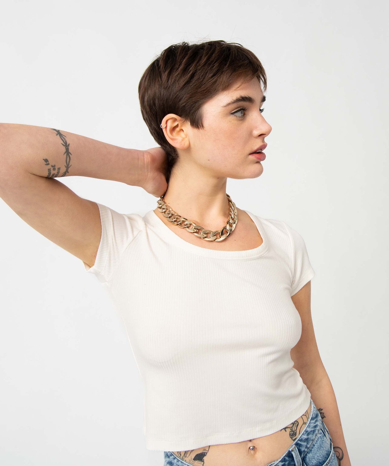 Tee-shirt femme en maille ctelée coupe courte ecru | GEMO