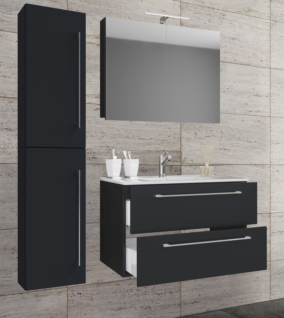 VCM Waschplatz Badinos 80 cm Spiegelschrank & Hochschrank 4-tlg. schwarz