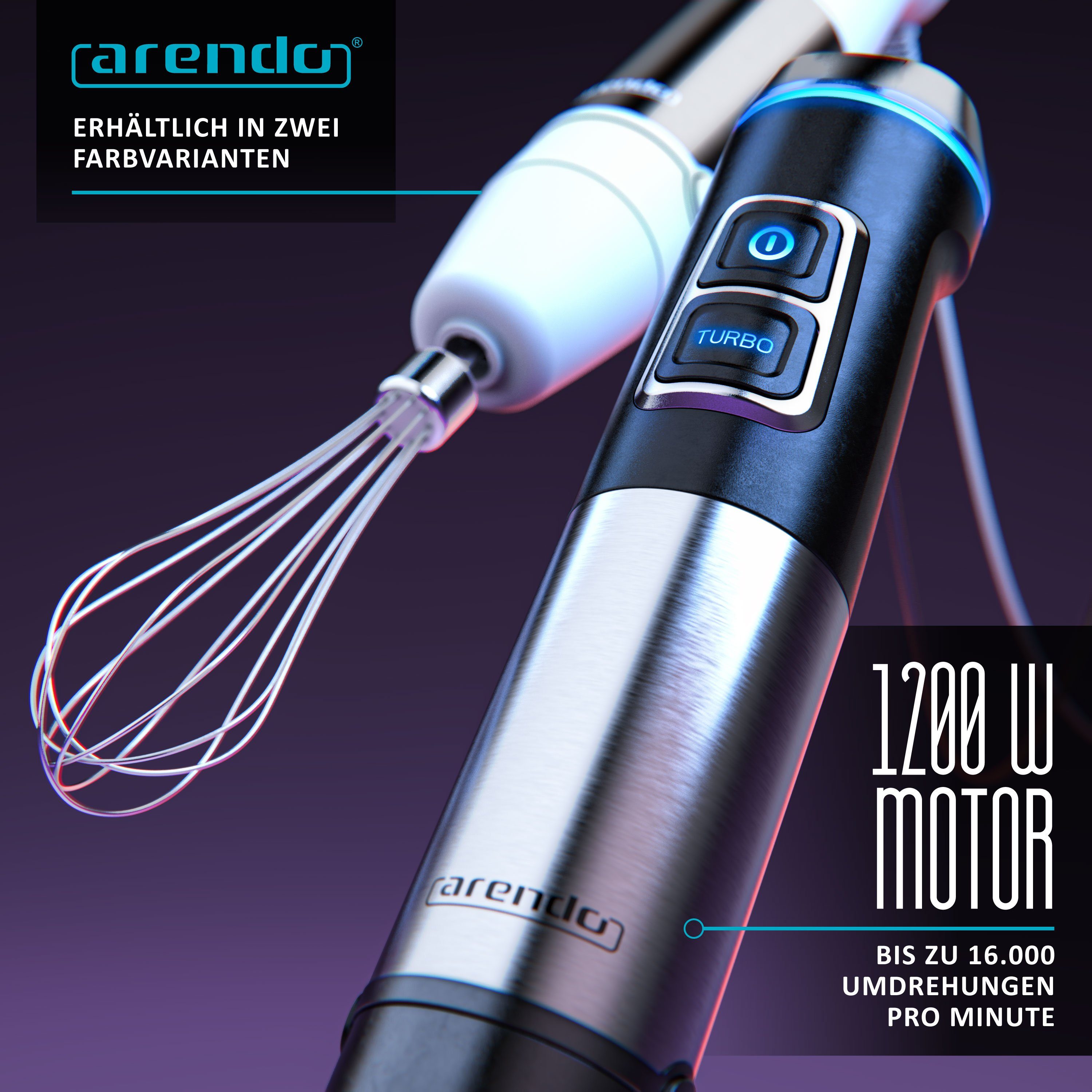 Arendo Stabmixer, 1200 W, Stabmixer Edelstahl Set - Pürierstab - stufenlose Geschwindigkeit