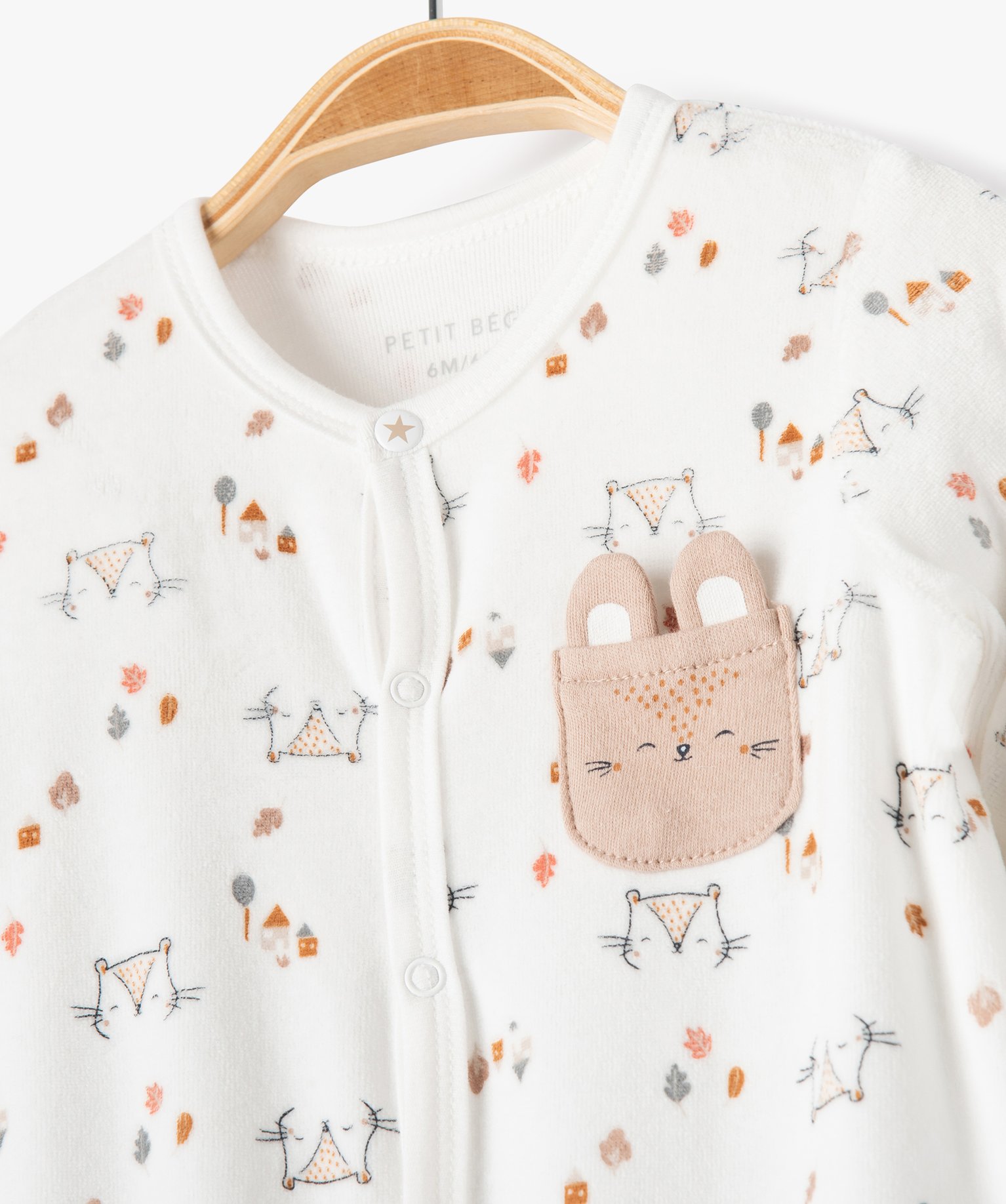 Pyjama en velours imprimé avec ouverture devant bébé - Pe... ecru | GEMO