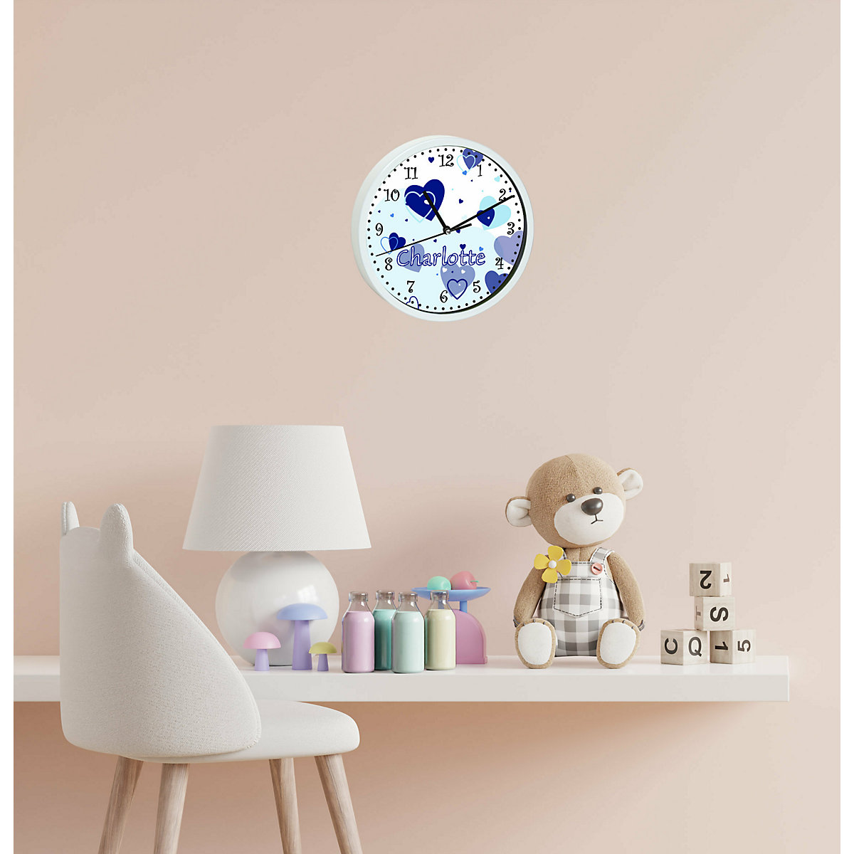 Kinder Wanduhr personalisiert mit Name Herz Blau