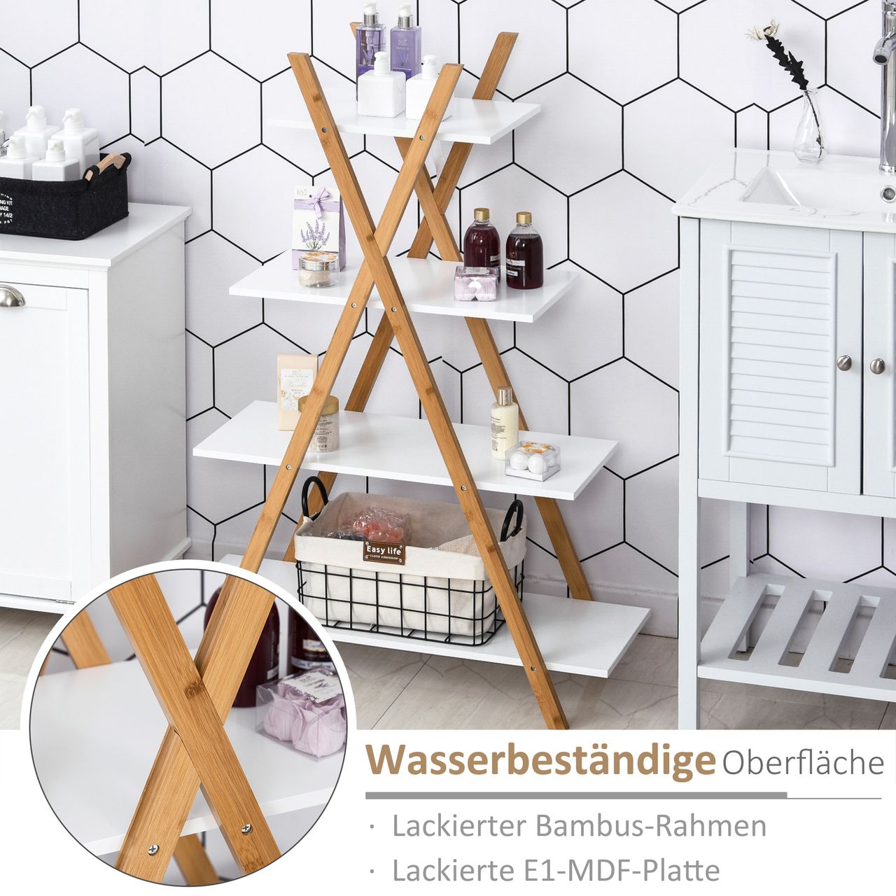 HOMCOM kleankin Badregal, 4 Ebenen Treppenregal, Leiterregal, Badezimmer, Bambus, Natur Weiß, 80 x 33 x 109 cm