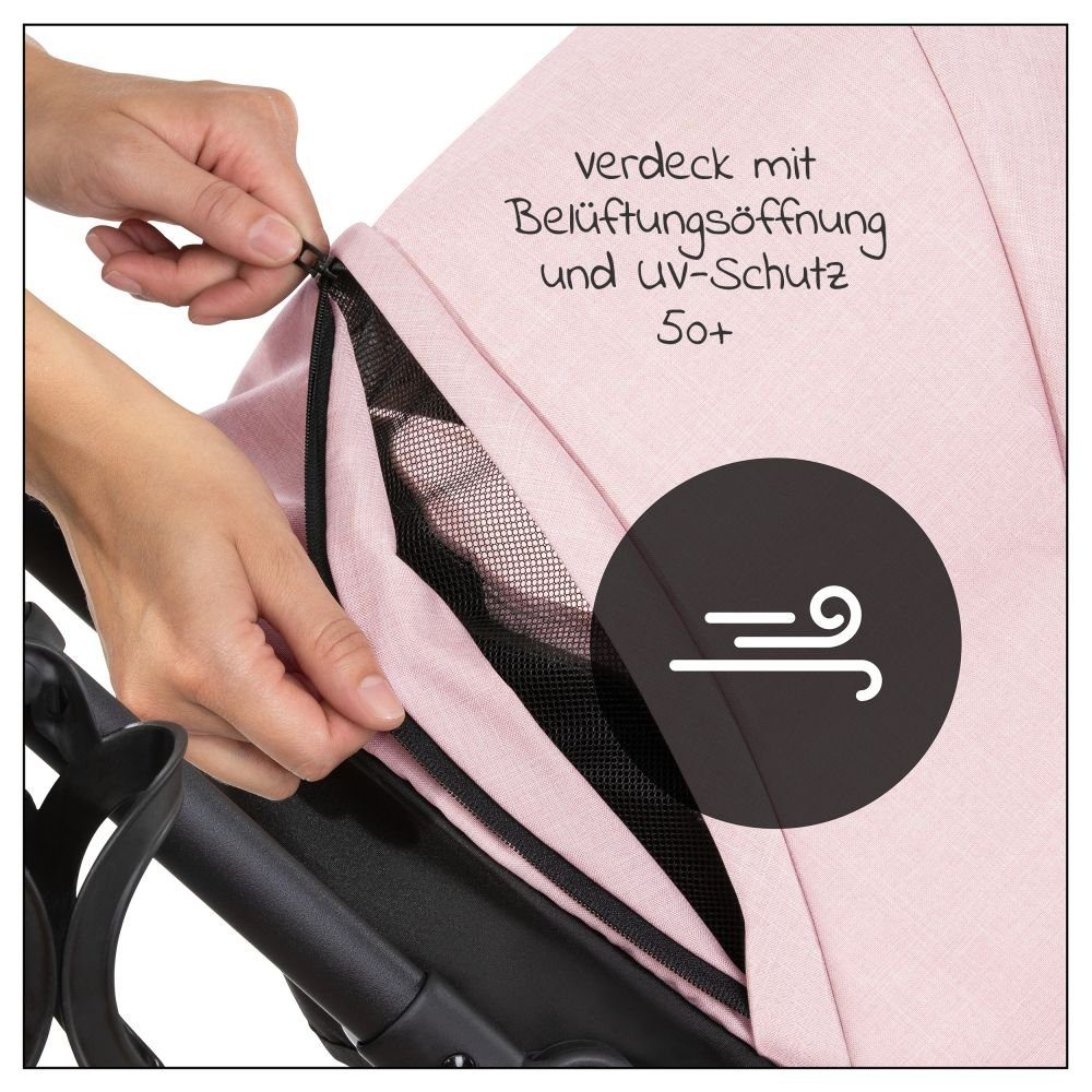 Hauck Kombi-Kinderwagen Vision X Duoset Black - Melange Rose, (7-tlg), 2in1 Kinderwagen Buggy Set mit Babywanne, Sportsitz und Regenschutz