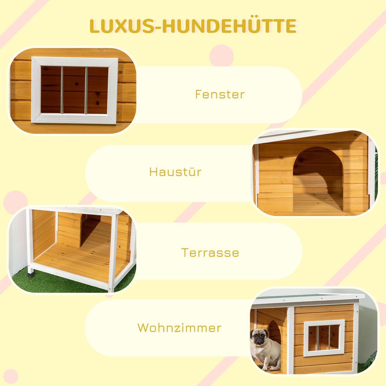 PawHut Hundehütte, Tannenholz, Kleintierhaus, Hundehaus mit Terrasse, Orange