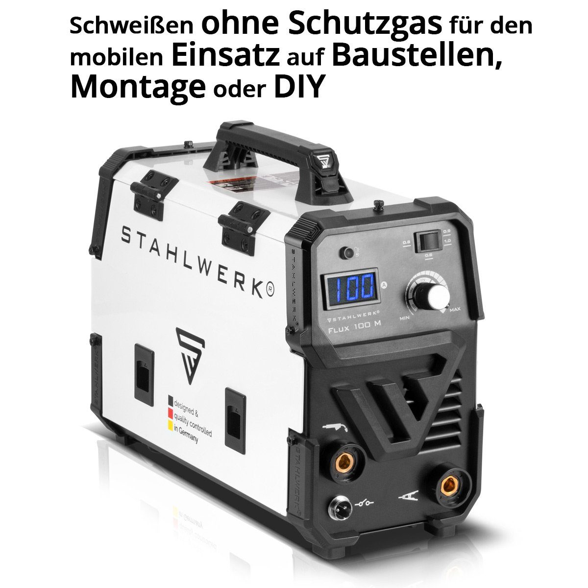 STAHLWERK Fülldrahtschweißgerät FLUX 100M Fülldraht Schweißgerät Vollausstattung, 39 - 100 A, Komplett-Set, 10-tlg., mit synergischem Drahtvorschub, 100 Ampere zum Schweißen