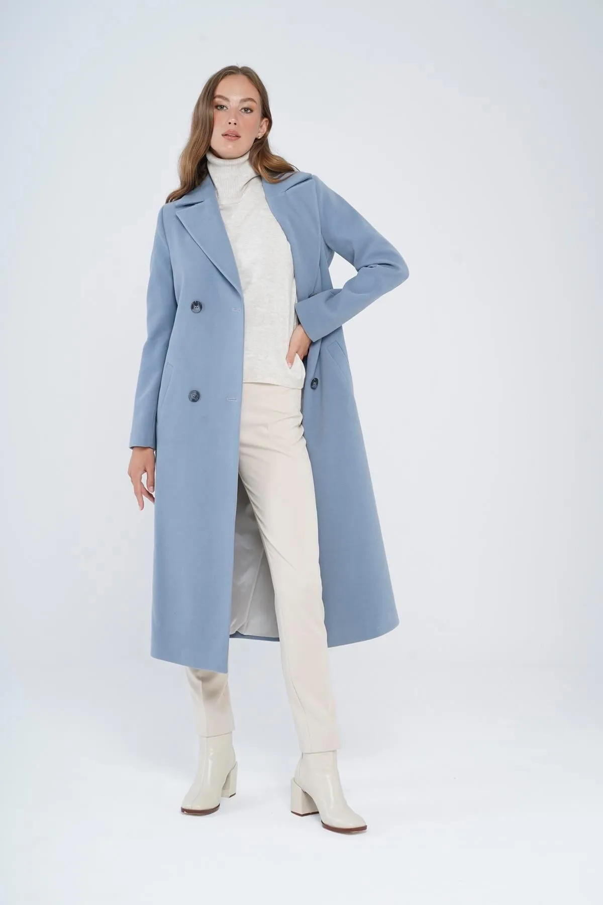 Concept.  Zweireihiger, an der Taille gebundener, mittellanger Mantel, Blau 3754