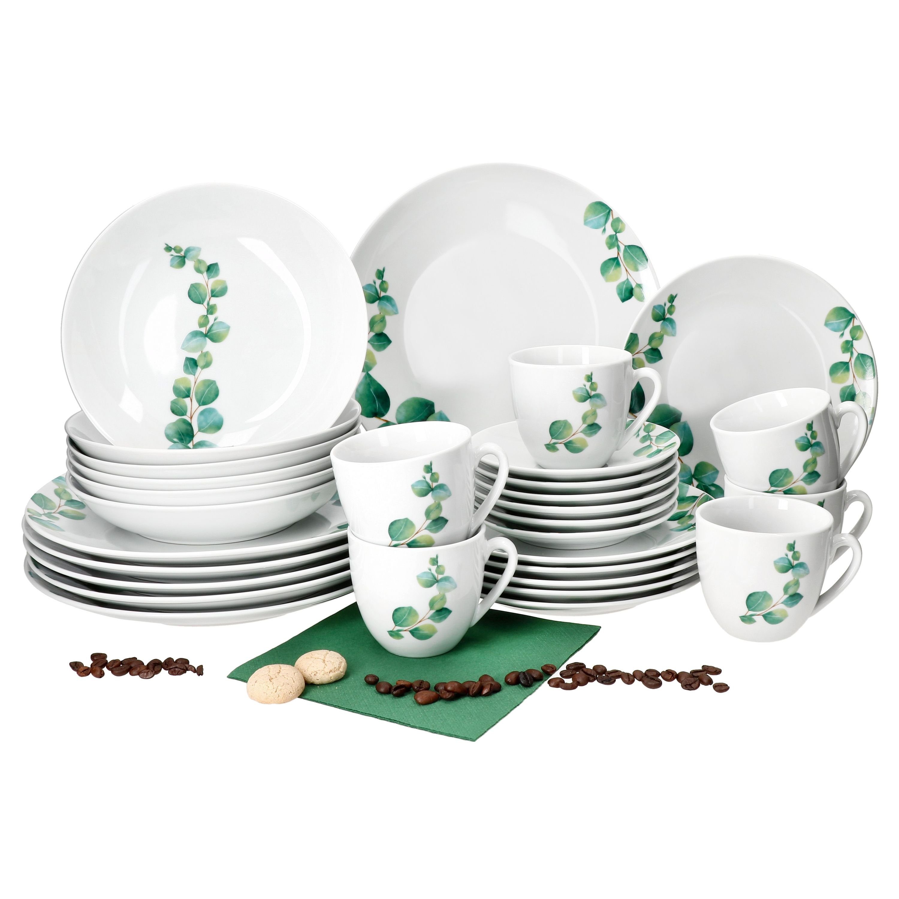 MamboCat Kombiservice 30tlg Kombiservice Eukalyptus Porzellan 6 Personen Tassen Teller, Porzellan