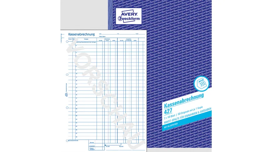 AVERY Zweckform Kassenabrechnung 427 1.& 2.Blatt bedr. MwSt.-Spalte Ein-Ausgaben, DIN A4 mehrfarbig