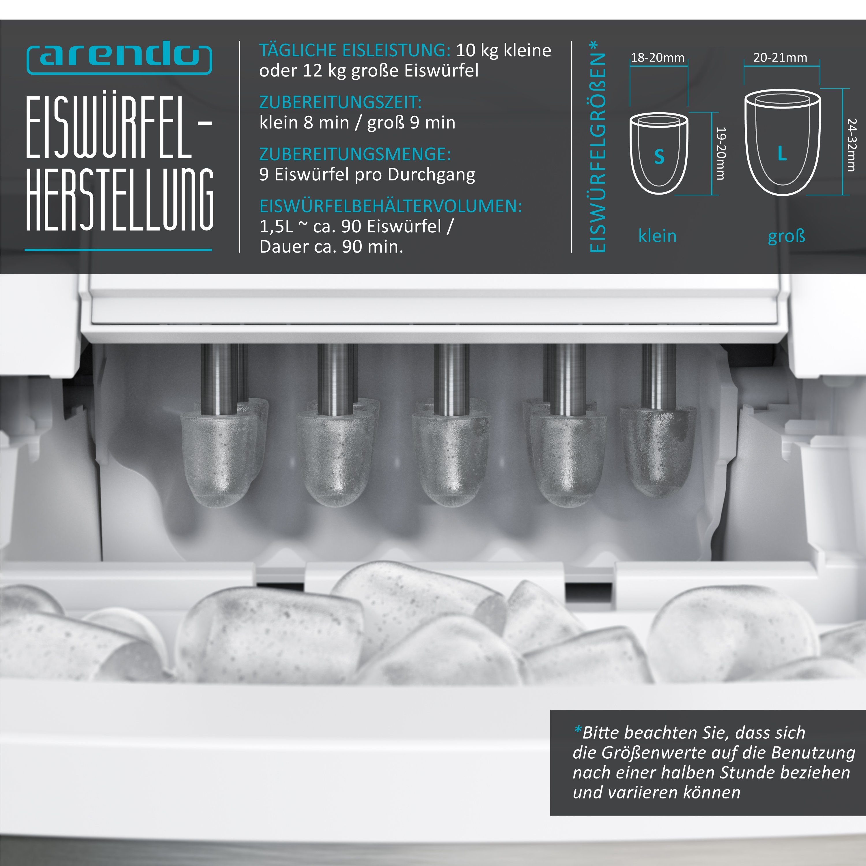 Arendo Eiswürfelmaschine, 120W mit 1,5L Behälter, Eiswürfelbereiter, 9 Eiswürfel in 9 Minuten