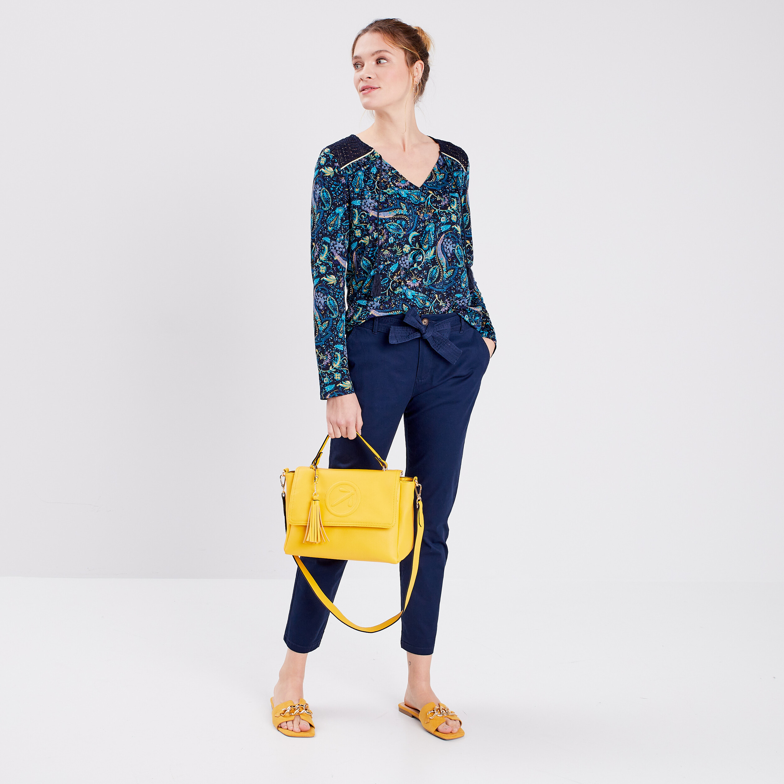 Pantalon chino ceinturé 7 8ème bleu marine femme | La Halle