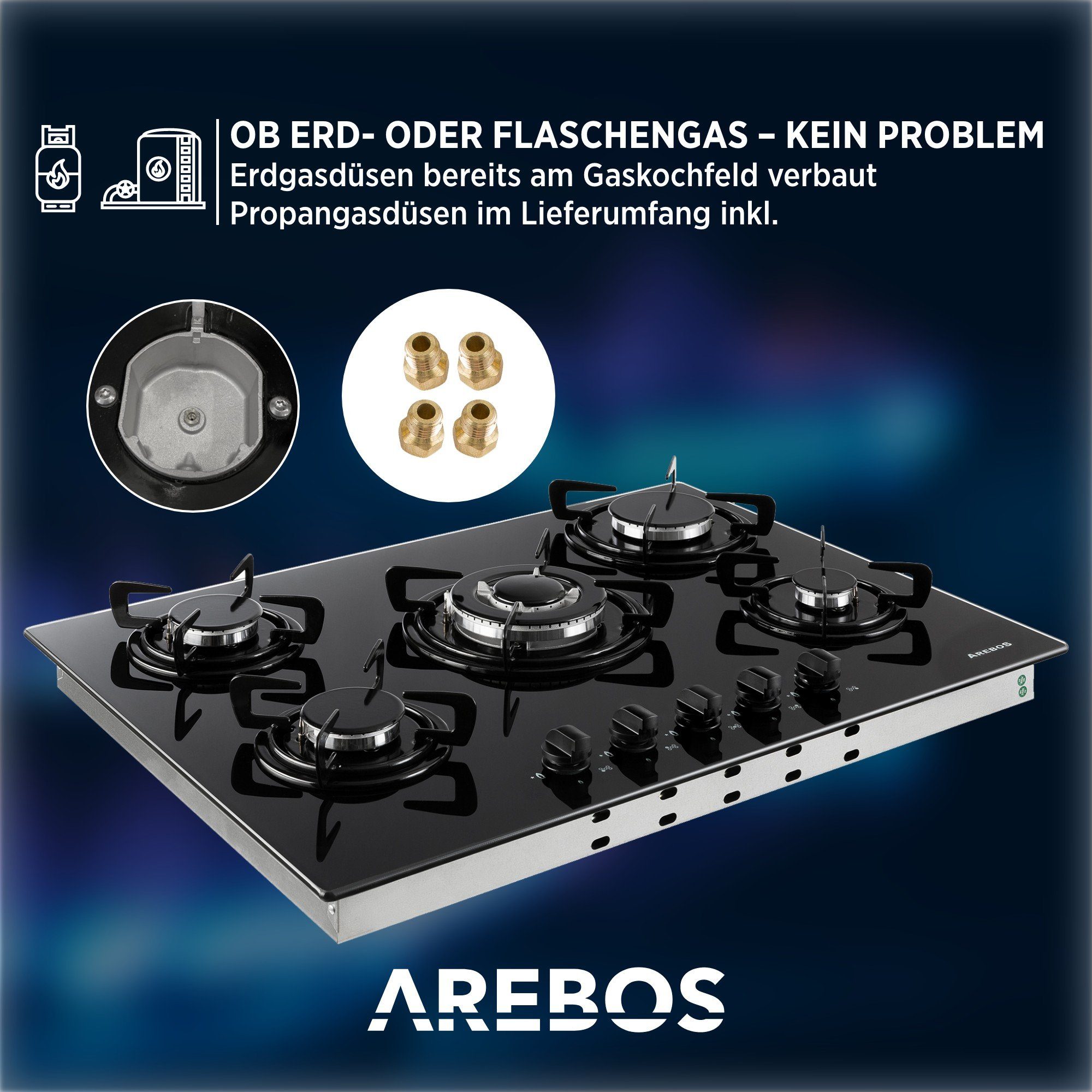 Arebos Gas-Kochfeld Gasherd AR-HE-GH70CM, Geeignet für Erdgas oder Propangas, Gasherd, Gaskocher