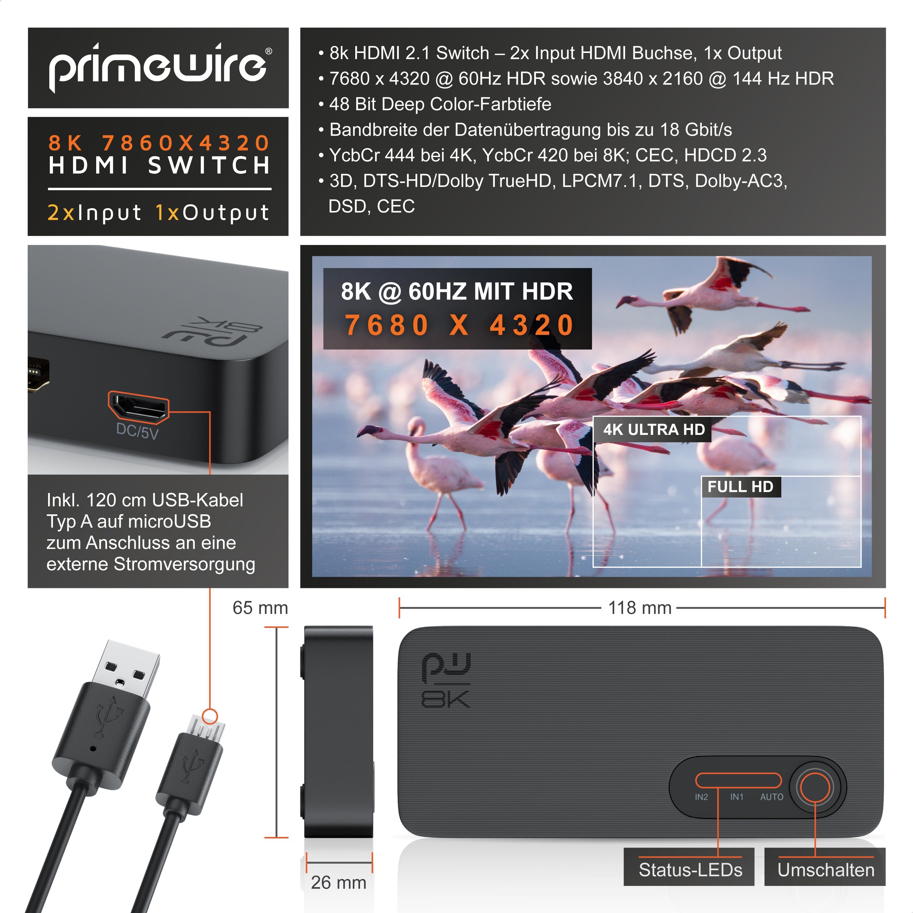 Primewire Audio / Video Matrix-Switch, 2-Port HDMI Splitter, 8K Aluminium HDMI Switch 2 in 1 Out UHD