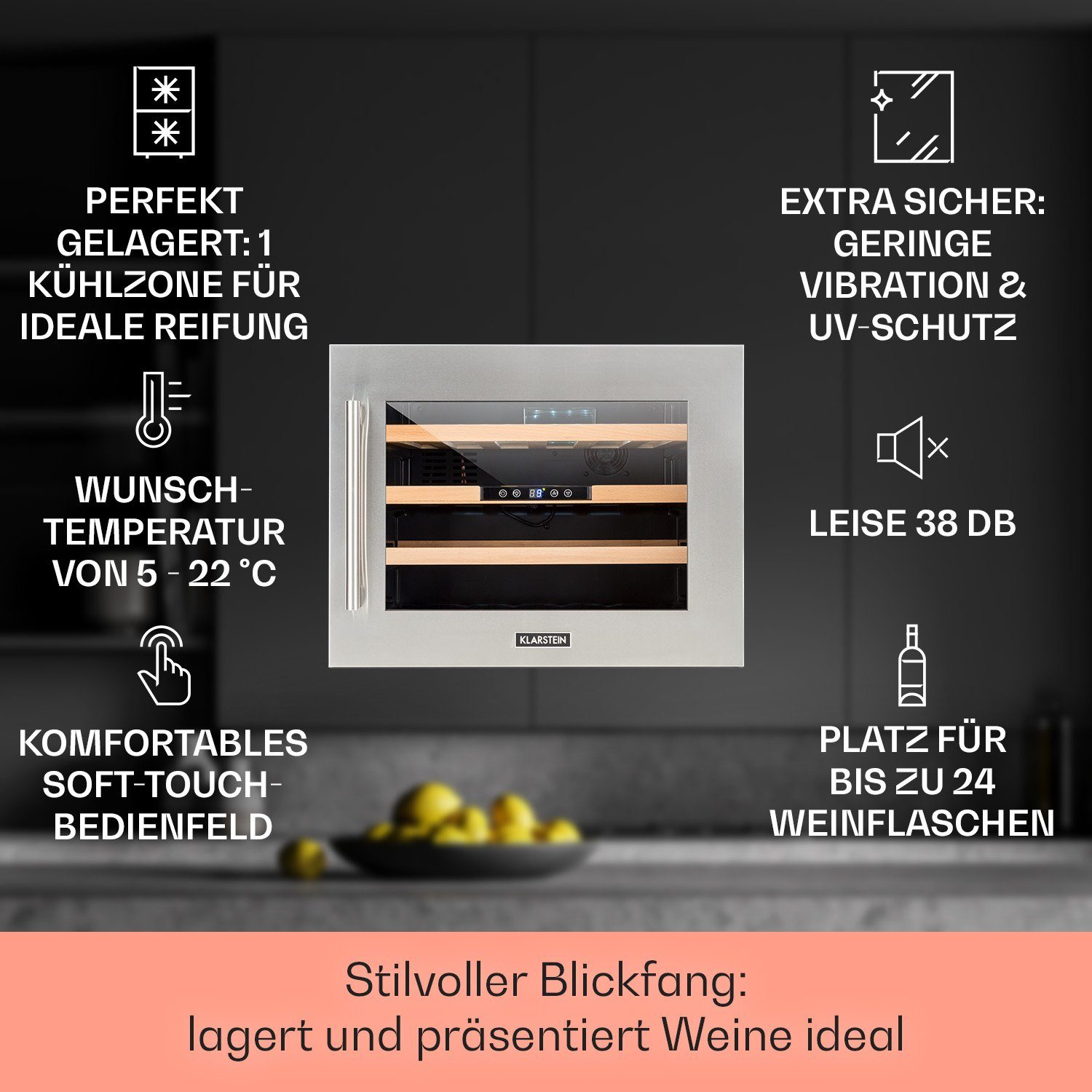 Klarstein Weinkühlschrank Vinsider 24D, für 24 Standardflaschen á 0,75l,Wein Flaschenkühlschrank Weintemperierschrank Weinschrank Kühlschrank