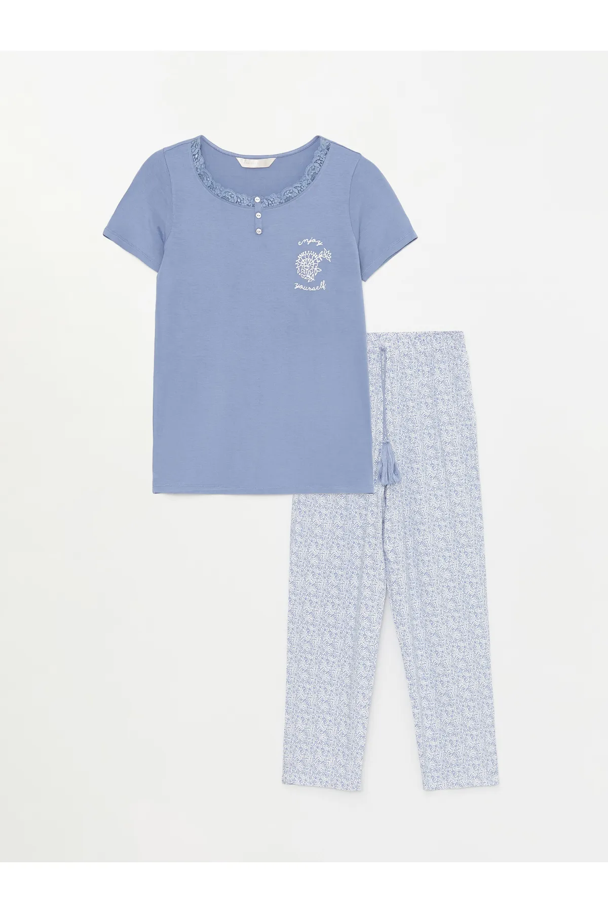 LC Waikiki  Bedrucktes, kurzärmliges Damen-Pyjama-Set mit Rundhalsausschnitt