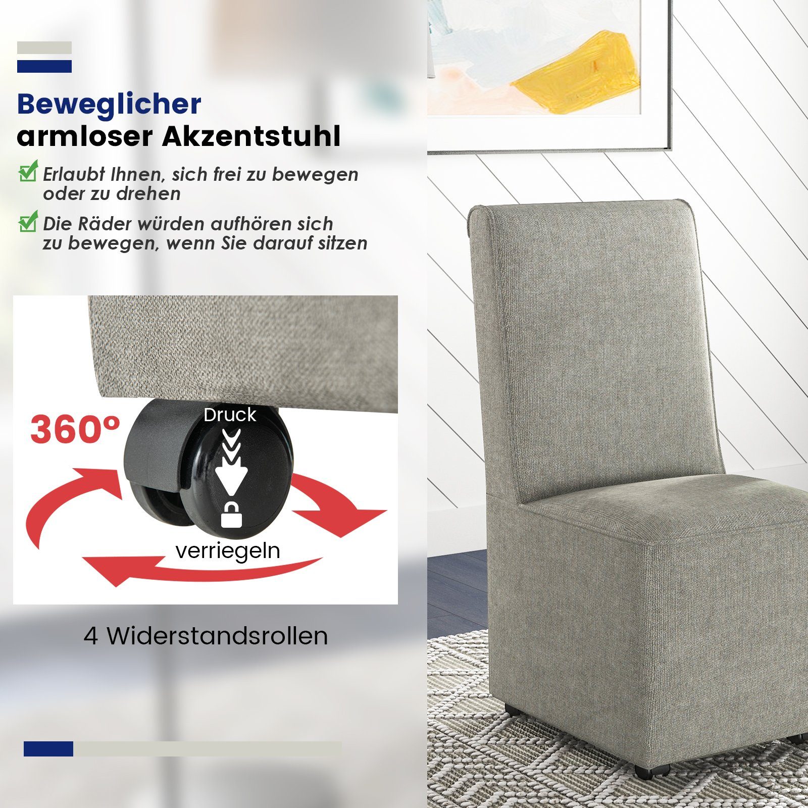 COSTWAY Polsterstuhl, mit Rollen & abnehmbarem Bezug, 47x60,5x98cm, grau