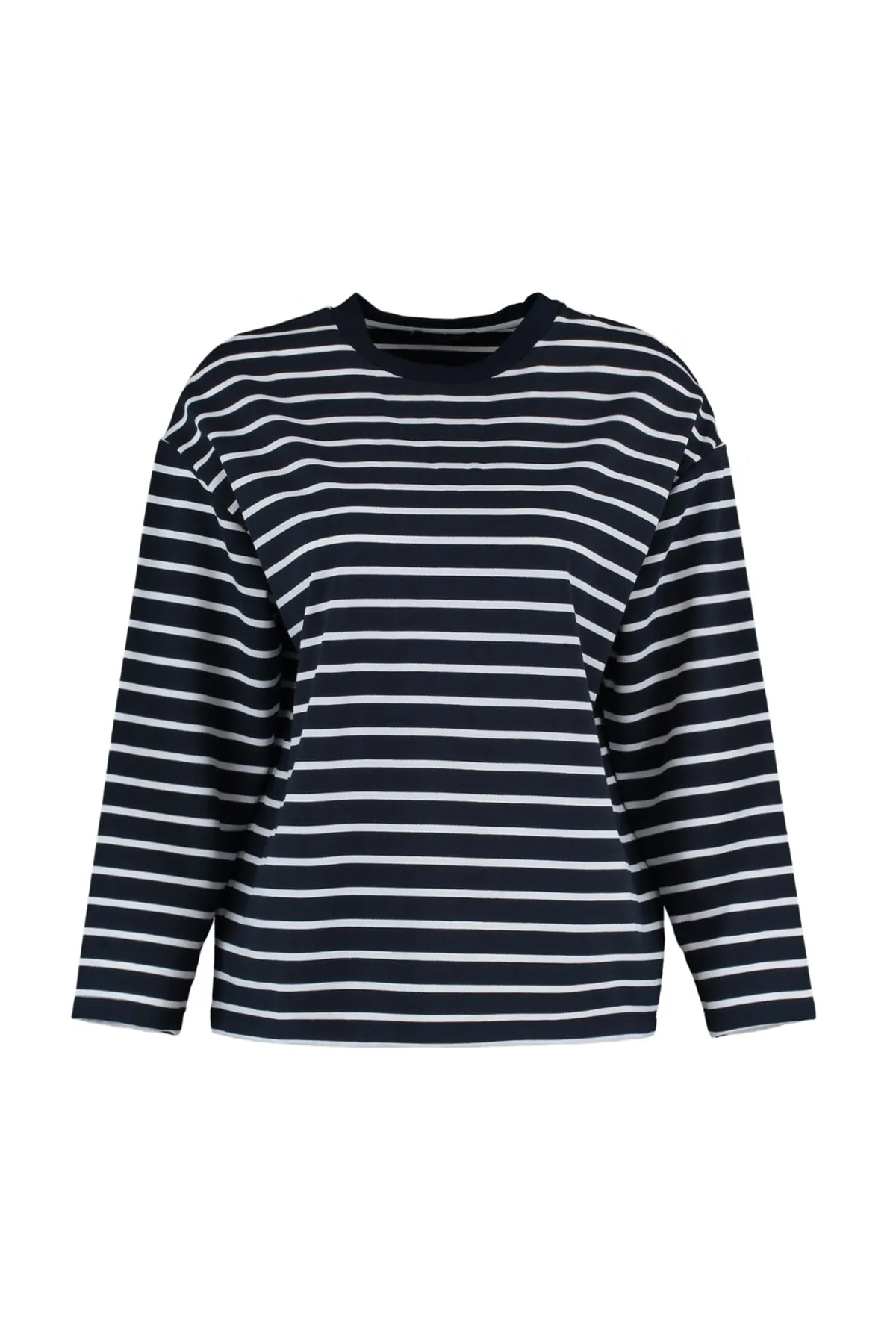 Trendyol Collection  Marineblau gestreiftes Oversize/Weit geschnittenes Rundhals-Sweatshirt aus dünnem Strick TWOAW23SW00326