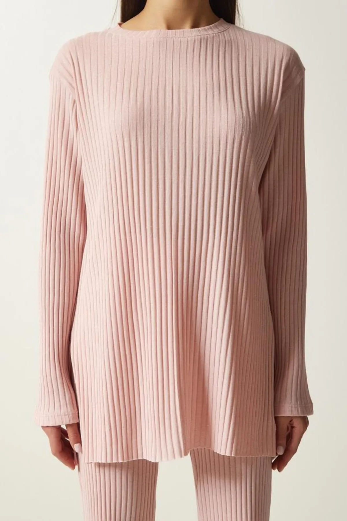 Know  Damen-Set aus schnurgebundener Strickbluse und Hose in Puderrosa