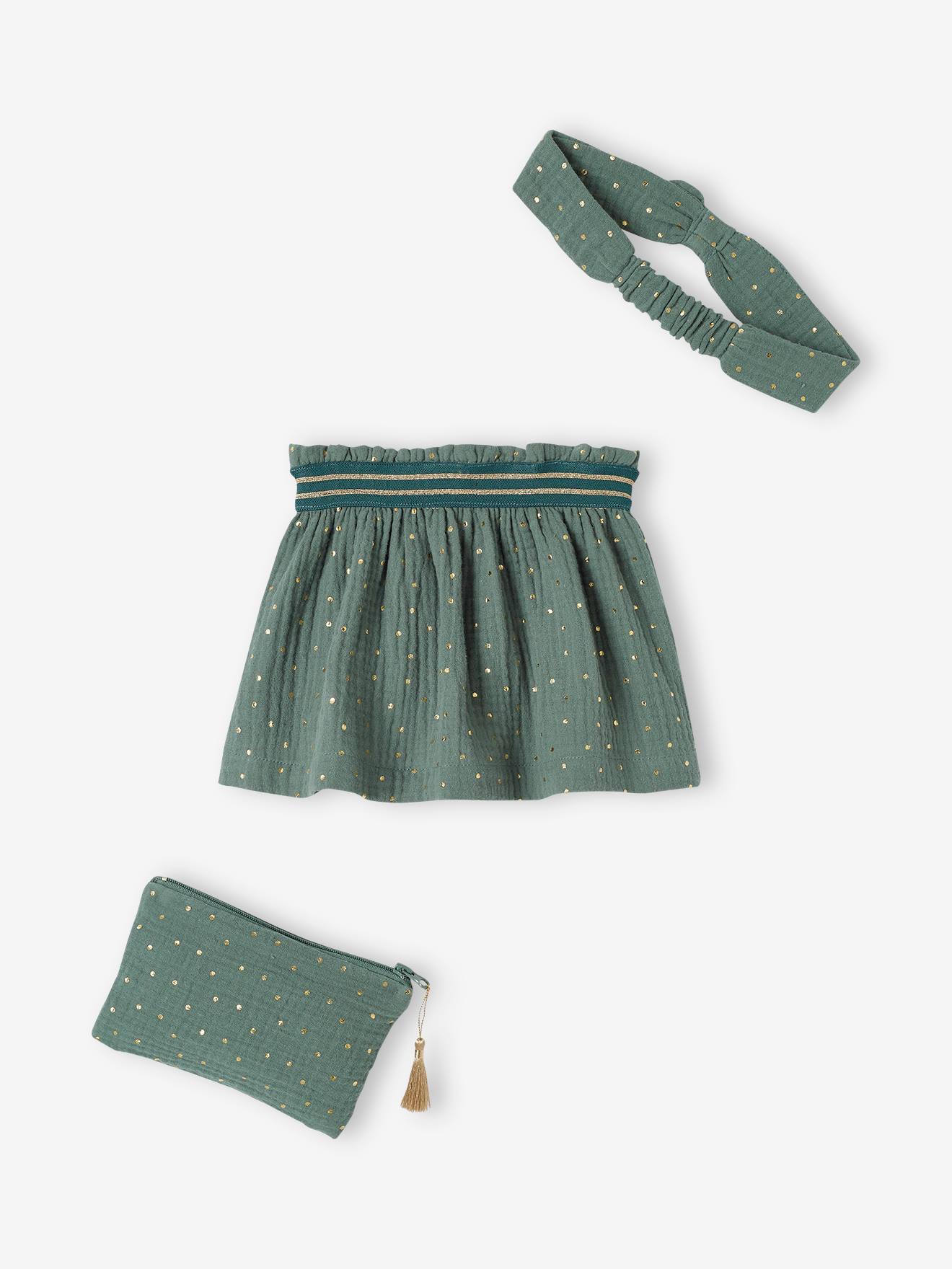 Vertbaudet Baby-Set: Rock, Haarband & bestickte Tasche - smaragdgrün