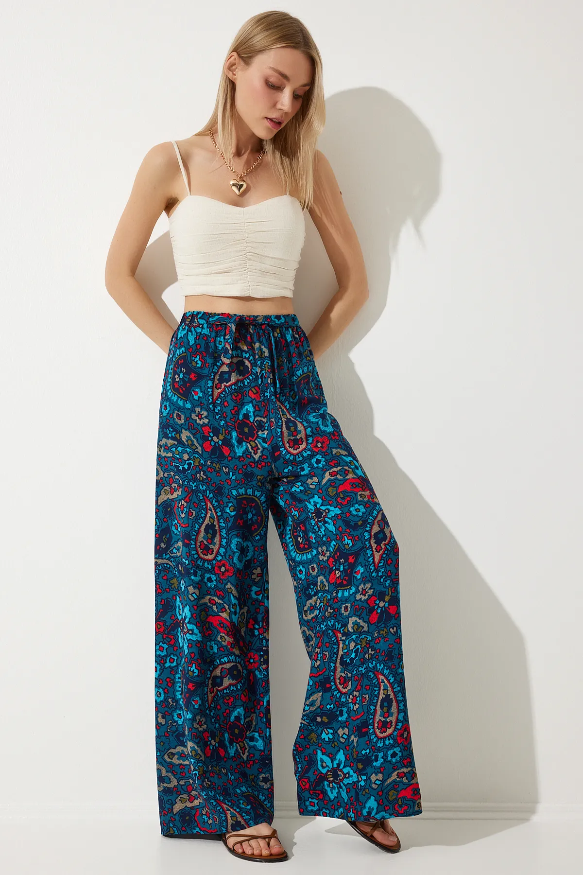 Happiness İstanbul  Damen-Sommerhose aus lockerer Viskose in Dunkelkobaltblau mit hoher Taille, BH00354